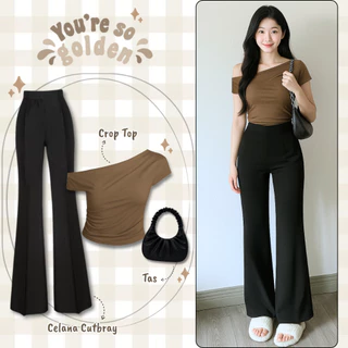 Oneset Wanita 3in1 Angela ( Blouse Angel Top Layer Milo + Celana Cutbray Scuba Hitam Premium + Shoulder Bag Kerut Hitam ) Outfit Wanita Korea Style Elegan Casual Kekinian OOTD Remaja & Dewasa Simpel Elegan untuk Hangout & Daily – BE191