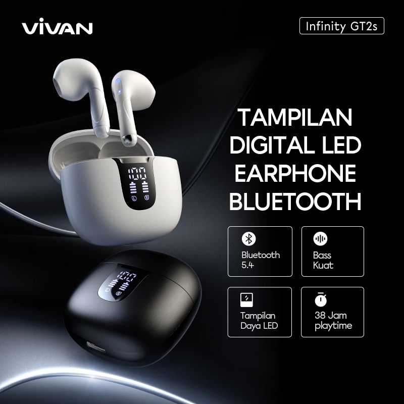 VIVAN TWS ENC LED Display Latensi Rendah 38ms Bluetooth 5.4 Extra Bass GT2S Garansi 12 Bulan