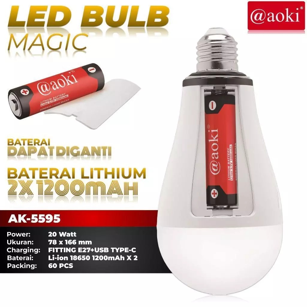 Jual AOKI Lampu LED Bohlam Magic Emergency AD/DC 20W Fitting Baterai ...