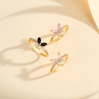 Lanme Jewelry Cincin Kristal Kupu-kupu Elegan Berlapis Emas Baja Tahan Karat Anti Luntur Aksesori Perhiasan Mode Wanita Dewasa LM743