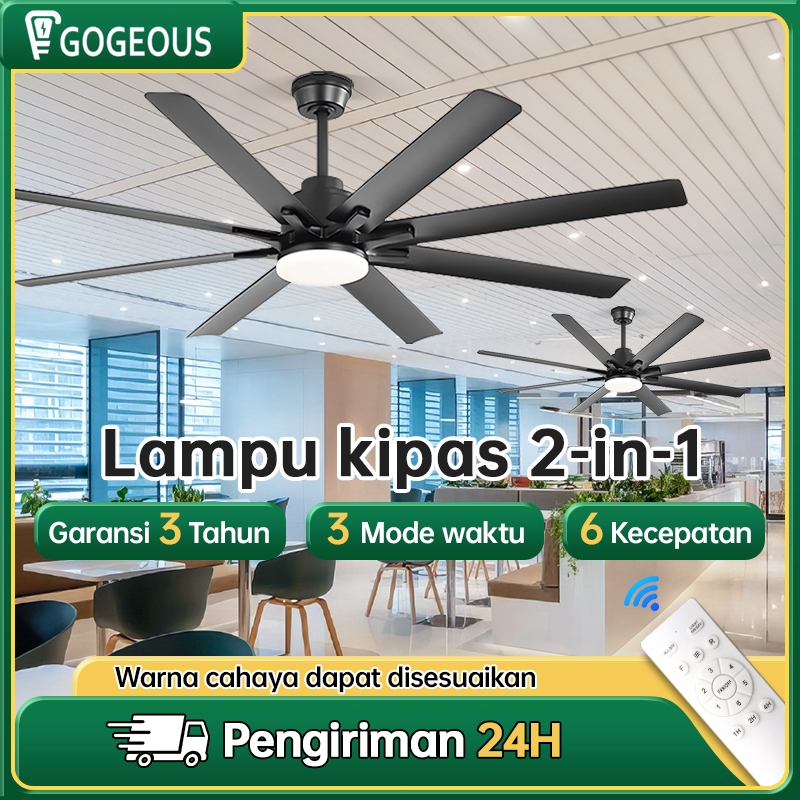 GOGEOUS Lampu Kipas Angin Gantung Plafon Ruang 2IN1 3 Warna 6 Kecepatan 60/72 Inci Meja Makan Kamar Tidur LED Bilah Hitam Kipas Kayu Lampu Kipas Angin Dengan Remote