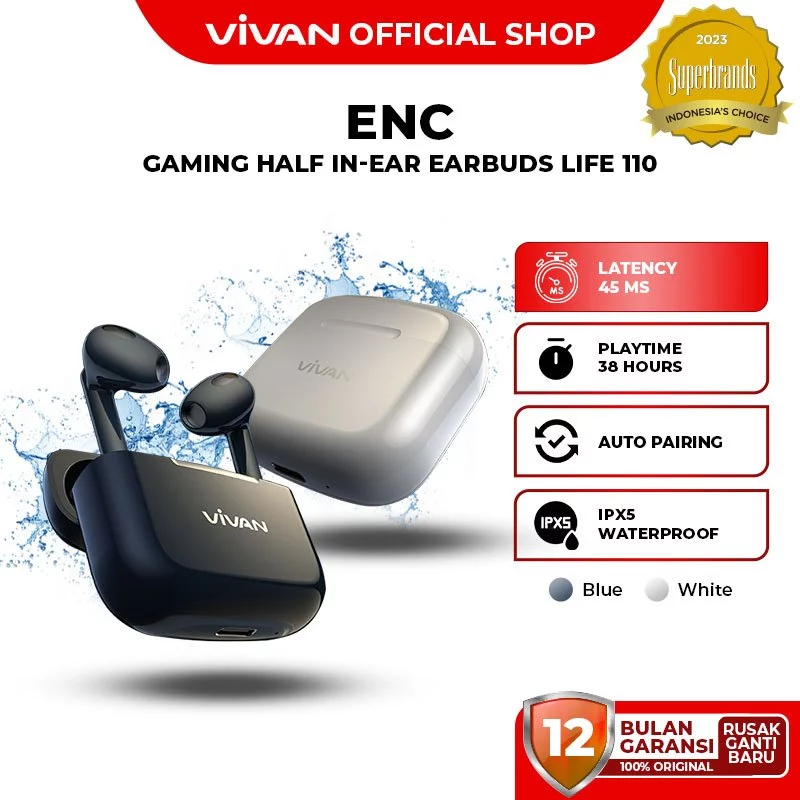 VIVAN TWS Life 110 Bluetooth 5.3 Bass ENC Gaming Original Earbuds Wireless Garansi 1 Tahun