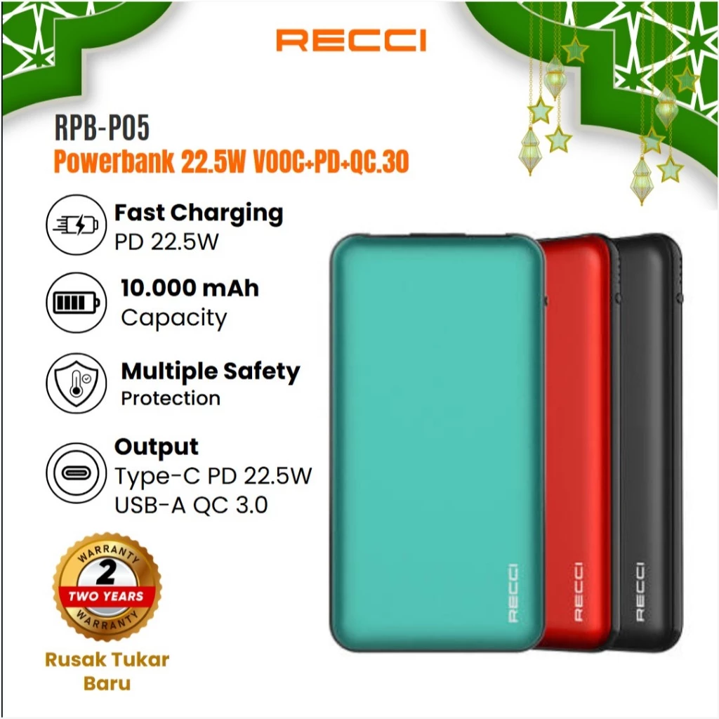 RECCI Powerbank 22.5W Fast Charging Full Protocol RPB-P05 Hitam/Merah/Hijau