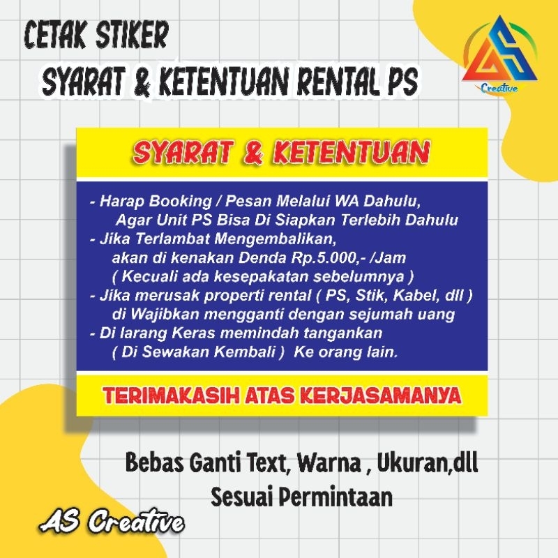 Jual Cetak Stiker Syarat & Ketentuan Rental PS, Stiker Rental PS ...