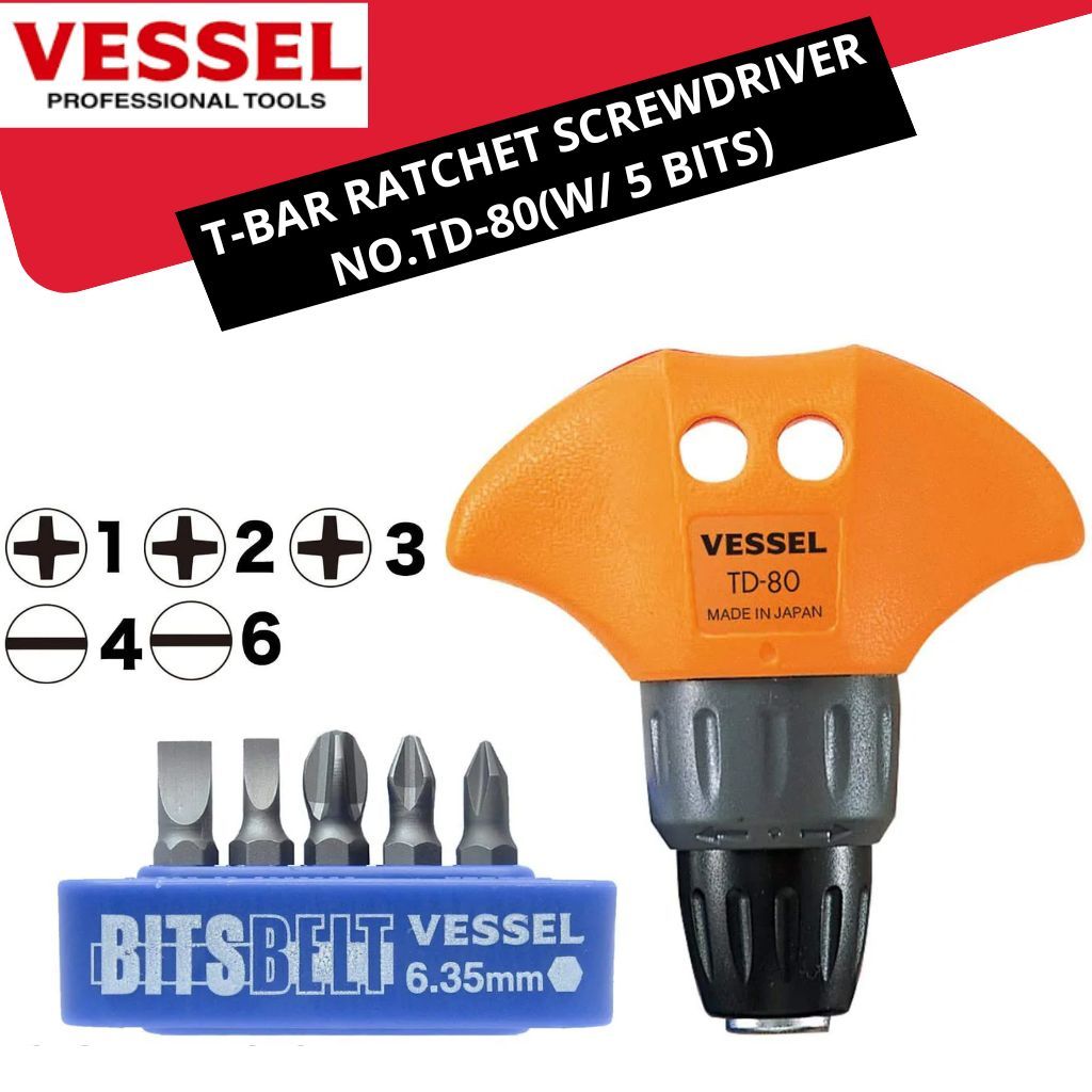 Jual Vessel Set Obeng T Rachet Plus Minus No. TD-80 W/ 5 Bits T-BAR ...
