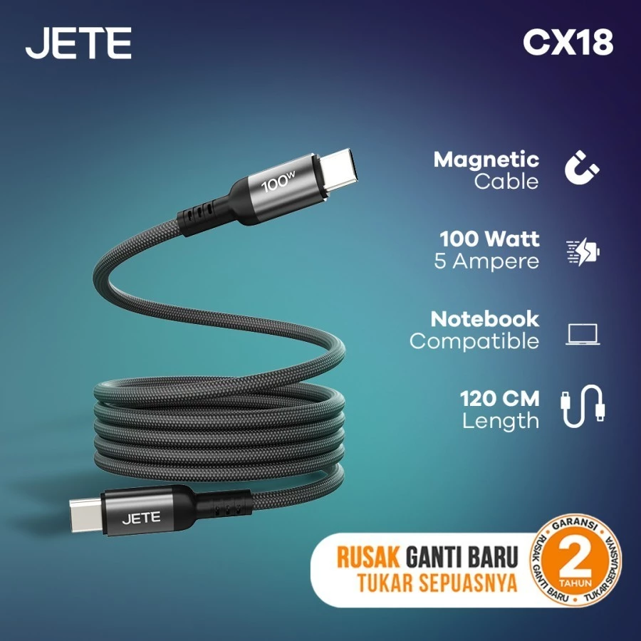 Kabel Data 100W JETE CX18 Magnetic Type C to Type C Self Winding Super Fast Charging Garansi 2 Tahun