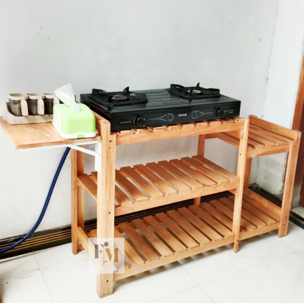 meja kompor 2 tungku meja dapur kayu serbaguna tempat penggorengan rak piring susun 5 anti rayap