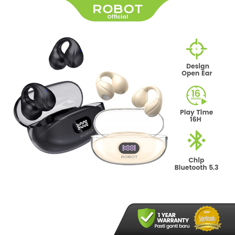 ROBOT TWS Open Ear Clip Style LED Display Earphone Bluetooth 5.3 OWS Air 10 Original - Garansi 1 Tahun
