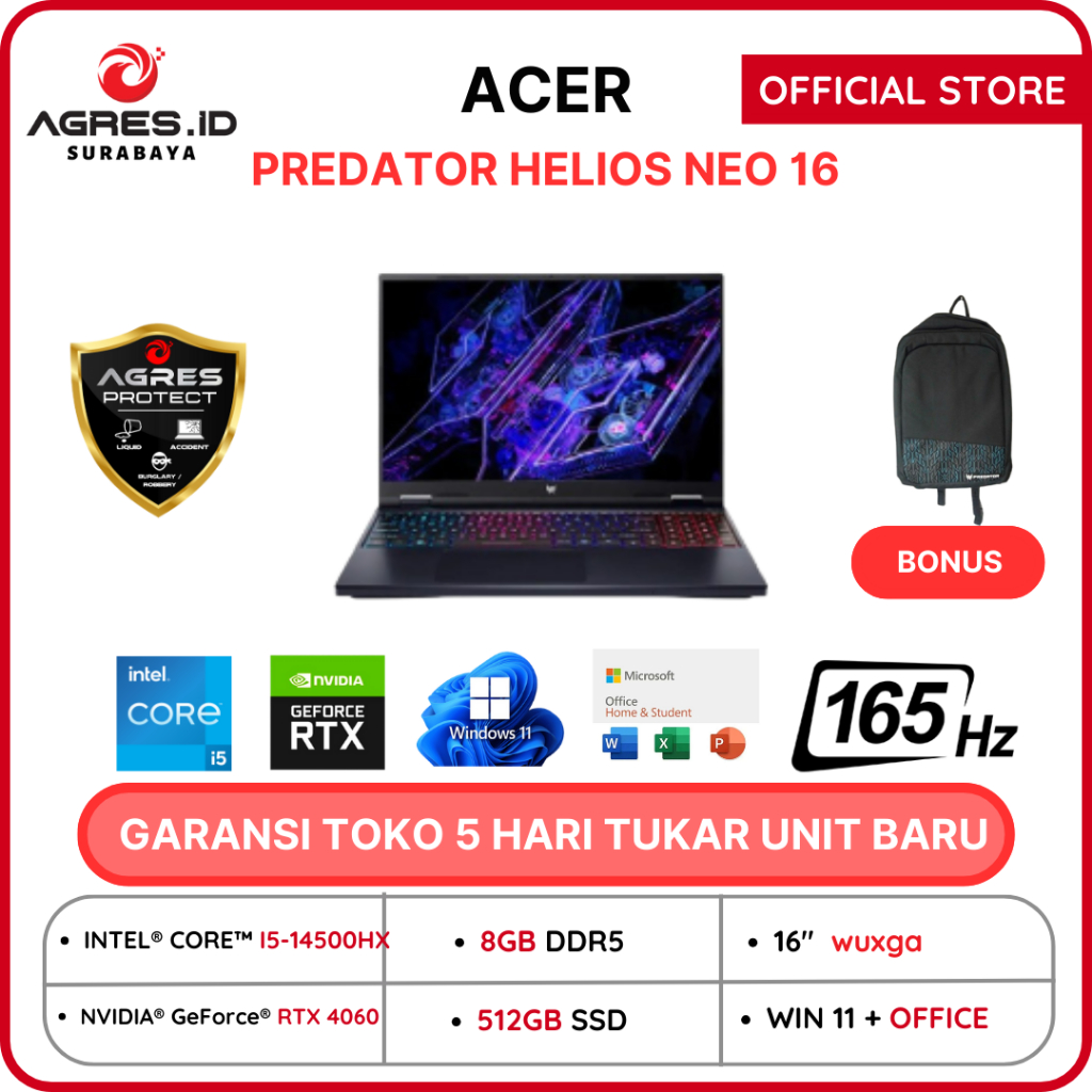 Jual ACER PREDATOR HELIOS NEO 16 I5 14500HX RTX4060 8gb/ 8gb 512gb ...