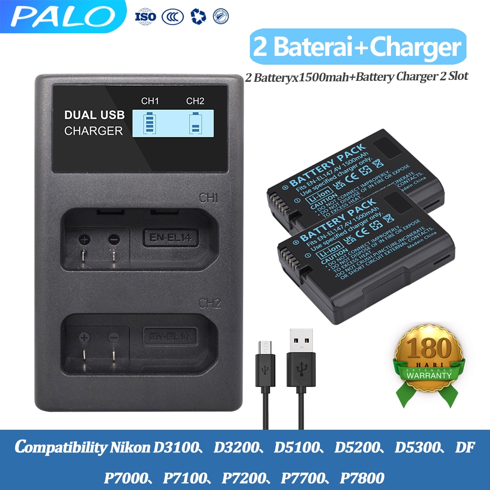 PALO Baterai EN-EL14 EN-EL14A Paket Charger Double Slot Battery For Nikon  D3300 D3100 D3200 D3400