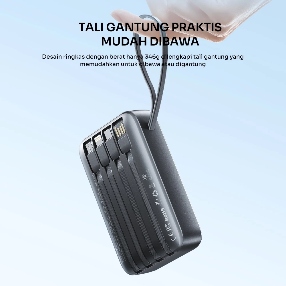ROBOT Powerbank Fast Charging 20000mAh PD 15W With Port and Cable Micro Type-C Lightning Power bank Built-in 4 Kabel