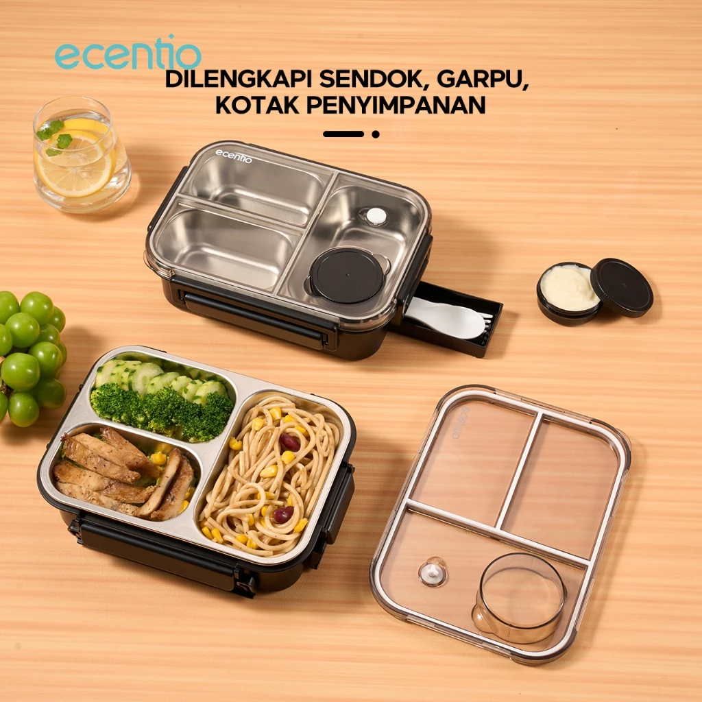 ecentio lunch box stainless anti tumpah 800ml sekat 3 dengan sendok free kotak sauce kecil - foto 1