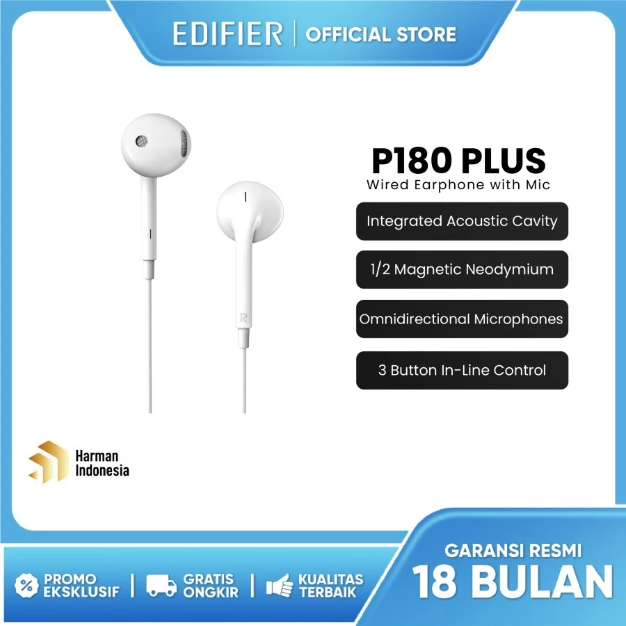 Edifier Earphone P180 Plus White-Earbuds with Remote and Mic - 1 Tahun Garansi