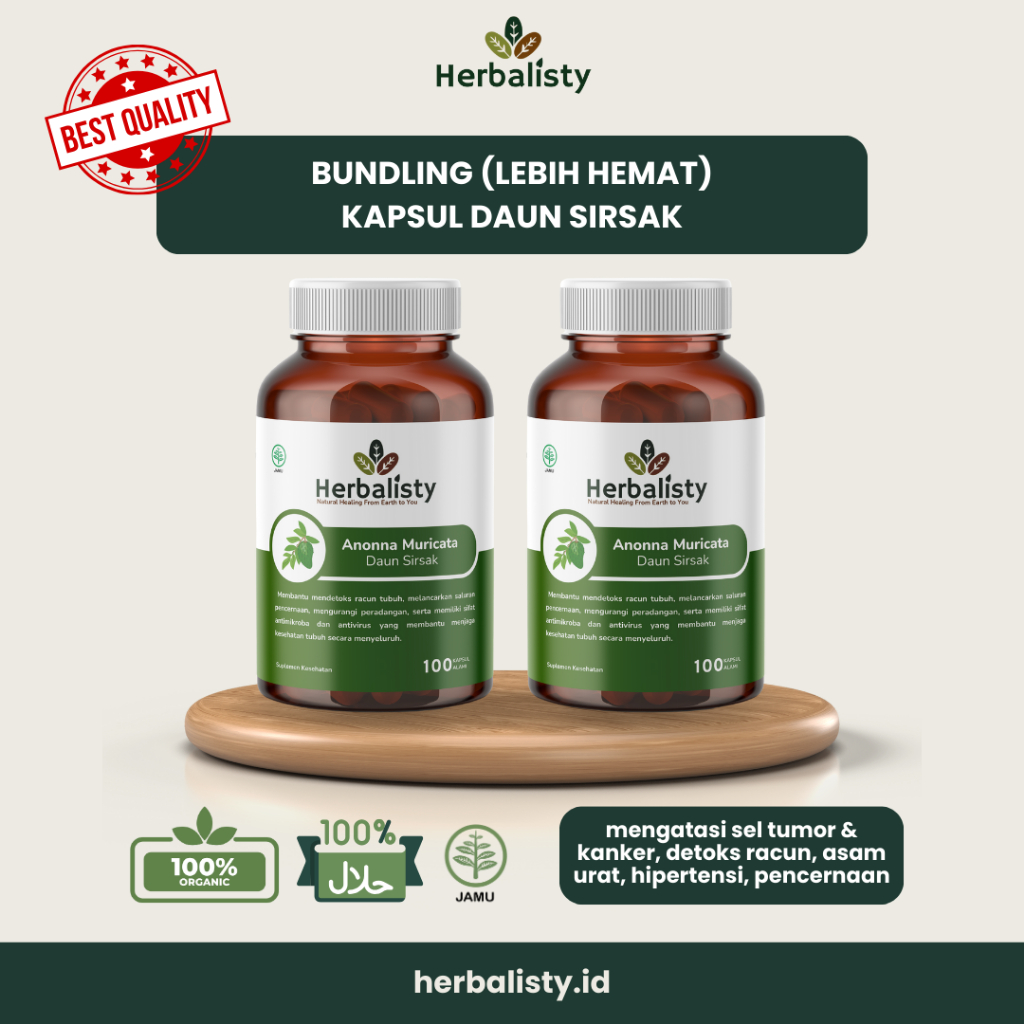 HERBALISTY - (Bundling) 2 Botol Kapsul Daun Sirsak Obat Herbal Kutil Kelamin, Kanker, Sel Tumor, Diabetes, Asam Urat, Hipertensi, Detoks Tubuh, Imun Tubuh