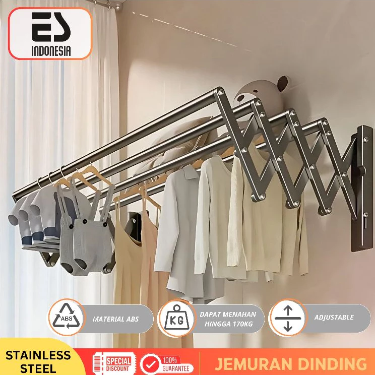 Esindo jemuran baju tempel dinding lipat /tarik - rak jemuran pakaian basah