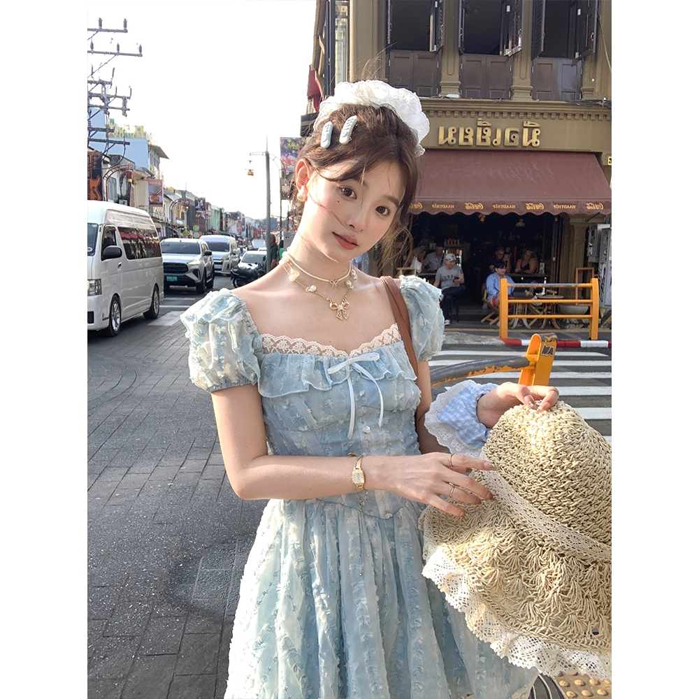 Jual Gaun Renda Biru Baru Sayang Lengan Pendek Leher Simpul Persegi ...