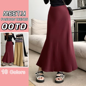 MEET.U Rok Midi Satin Mewah Dengan Pinggang Tinggi Rok Kasual Wanita A Line Slim Fishtail Skirt