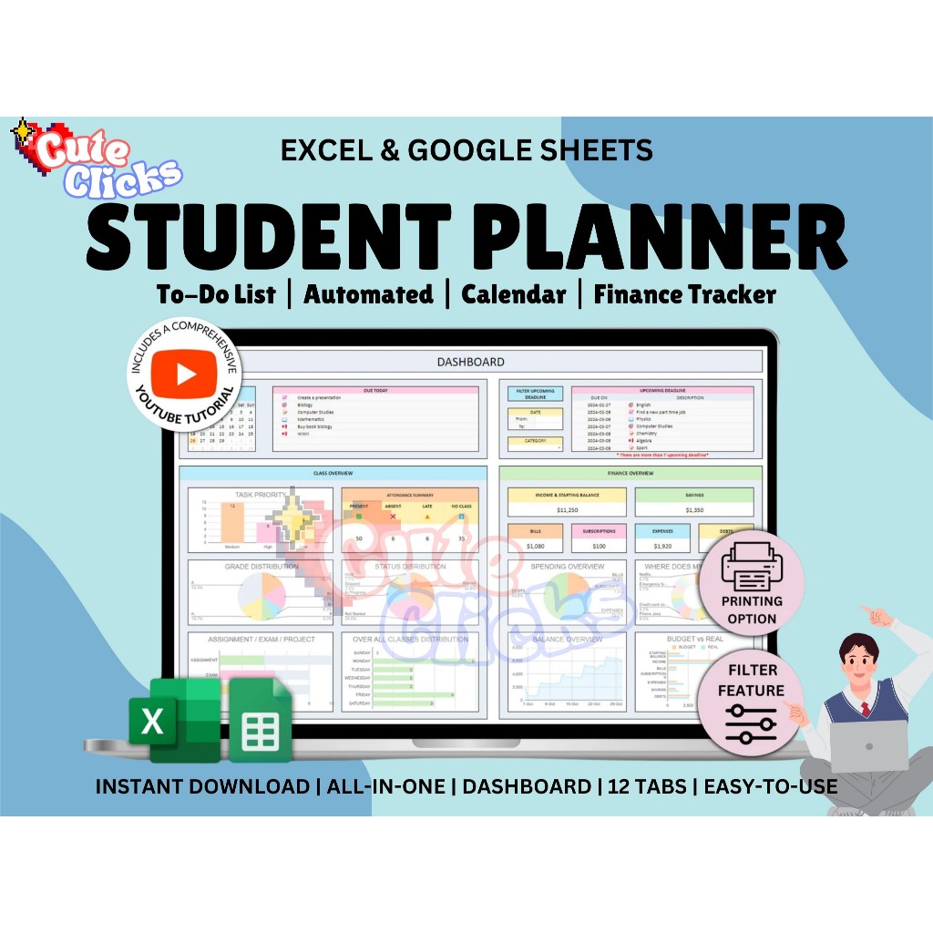 Jual Student Planner Spreadsheets Assignment Tracker Academic Planner ...