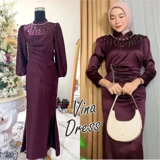 Vina Dress Spesial Warna Burgundy / Dress Kondangan Bridesmaind Dres Wanita Model Duyung, Satin Premium Payet Elegan