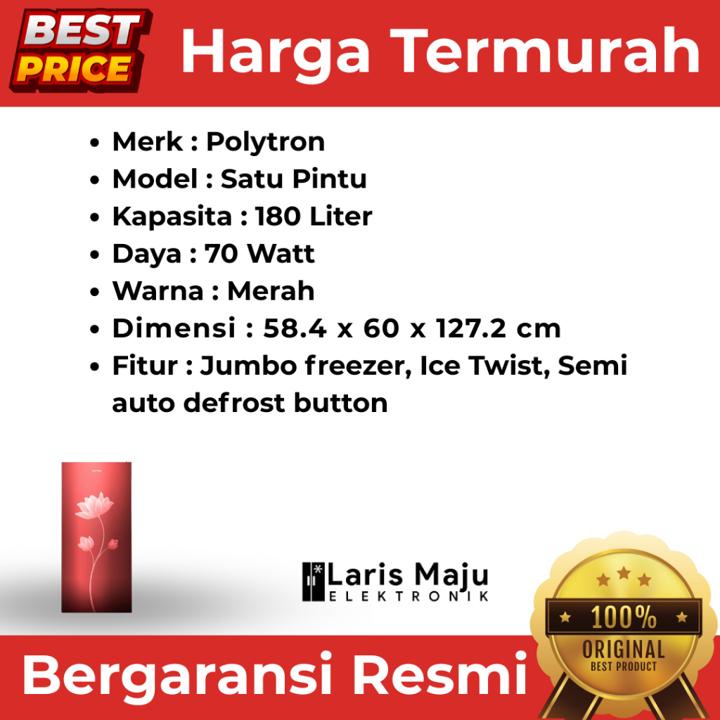 Jual Kulkas POLYTRON PRB-189 B/R 1 Pintu 180 Liter Semi Automatic ...