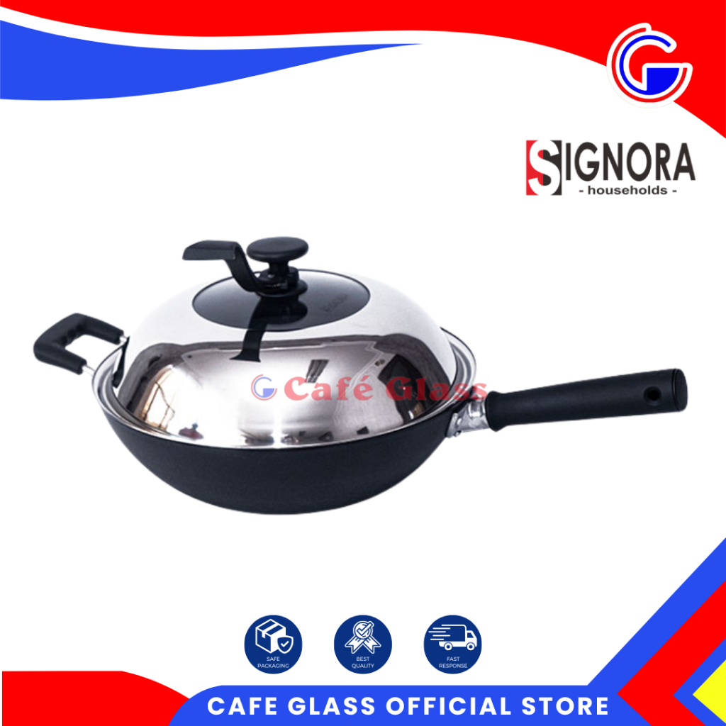 Wajan Nasi Goreng Gagang Satu - Wajan Wok Tutup Anti Lengket - Nano Wok Baja 32Cm Signora