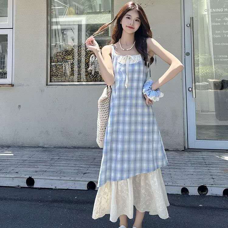 Jual DRESS MIDI BIRU MUDA KOTAK2 TANK TOP RENDA PANTAI LUCU MANIS KOREA ...