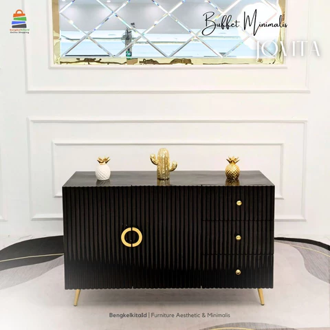 Meja TV Aesthetic Meja Buffet TV Kayu Solid - MEJA JOVITA - 120cm Laci Pintu Cat Duco Glossy