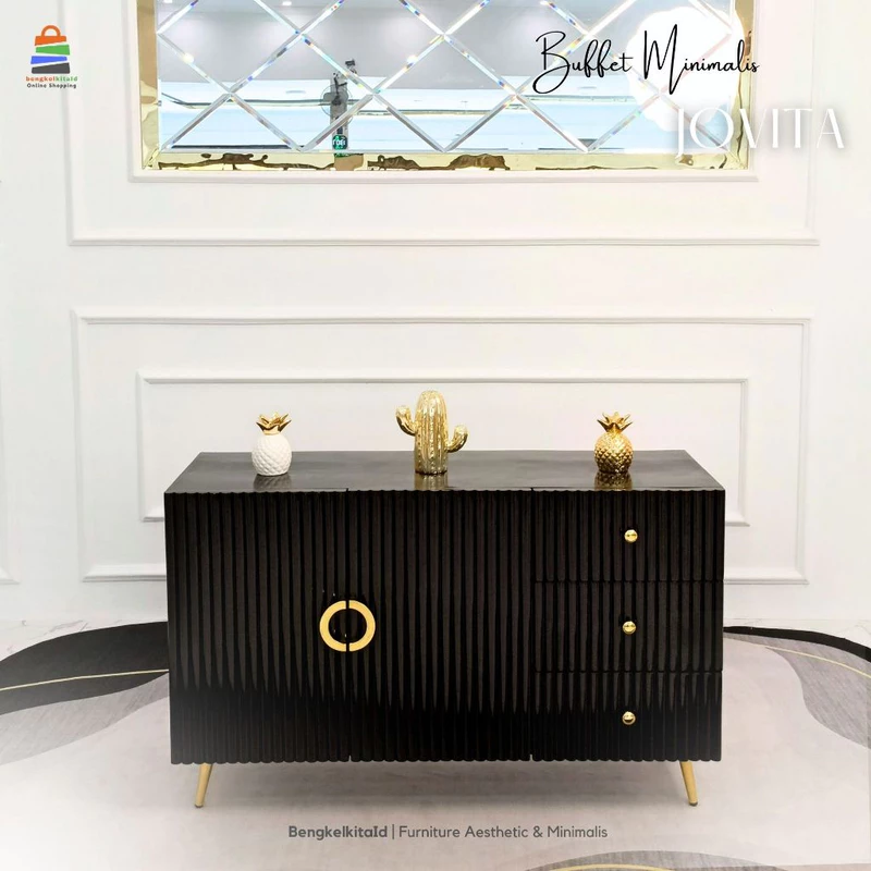 Meja TV Aesthetic Meja Buffet TV Kayu Solid - MEJA JOVITA - 120cm Laci Pintu Cat Duco Glossy