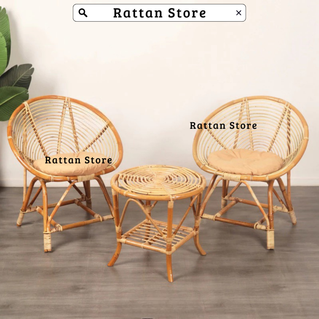 KURSI TERAS KERANG ROTAN DAN MEJA 1 SET / KURSI ROTAN TERAS BUKUR / KURSI TAMU ROTAN ASLI FINISHING