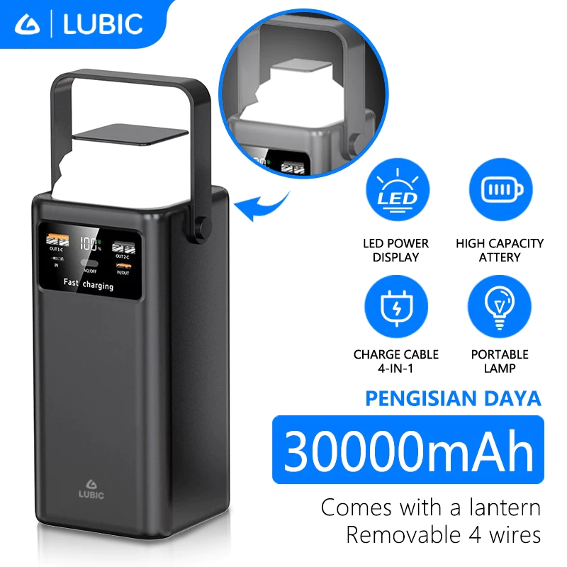LUBIC Powerbank 30000MAH 22.5W Fast Charging 6 Output Built-in 4 Cables LED Camping Light Bank daya