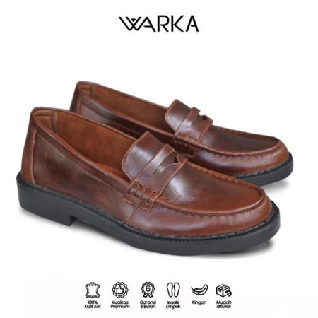 RK008 Warka BENNY BROWN - Sepatu Loafers Pantofel Slip On Pria Kulit Formal Kerja Kondangan Brown Series