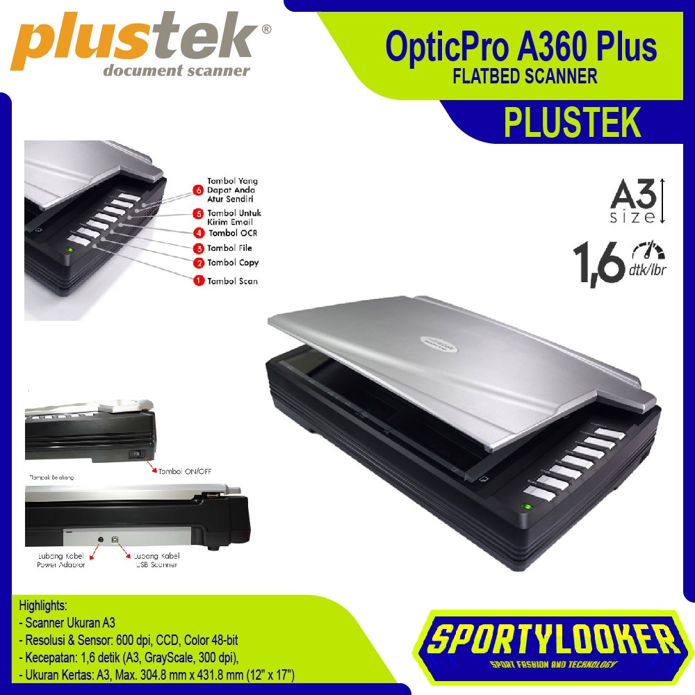 Jual Scanner Plustek OpticPro A360 Plus Flatbed | A3 | 2,1 detik ...