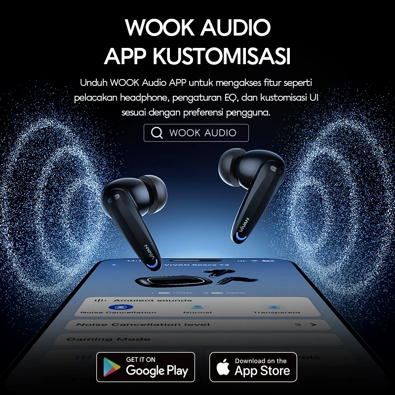 VIVAN Space T2 TWS Earbuds ANC ENC 42H Playtime 10MM Bass Driver BT5.4 Wook Audio Garansi 12 Bulan
