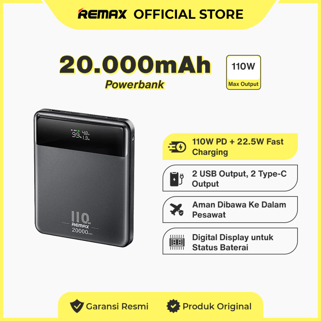 Remax Powerbank 20000mAh Fast Charging 2USB+2Type-C 110W Can For Charge Laptop RPP-669