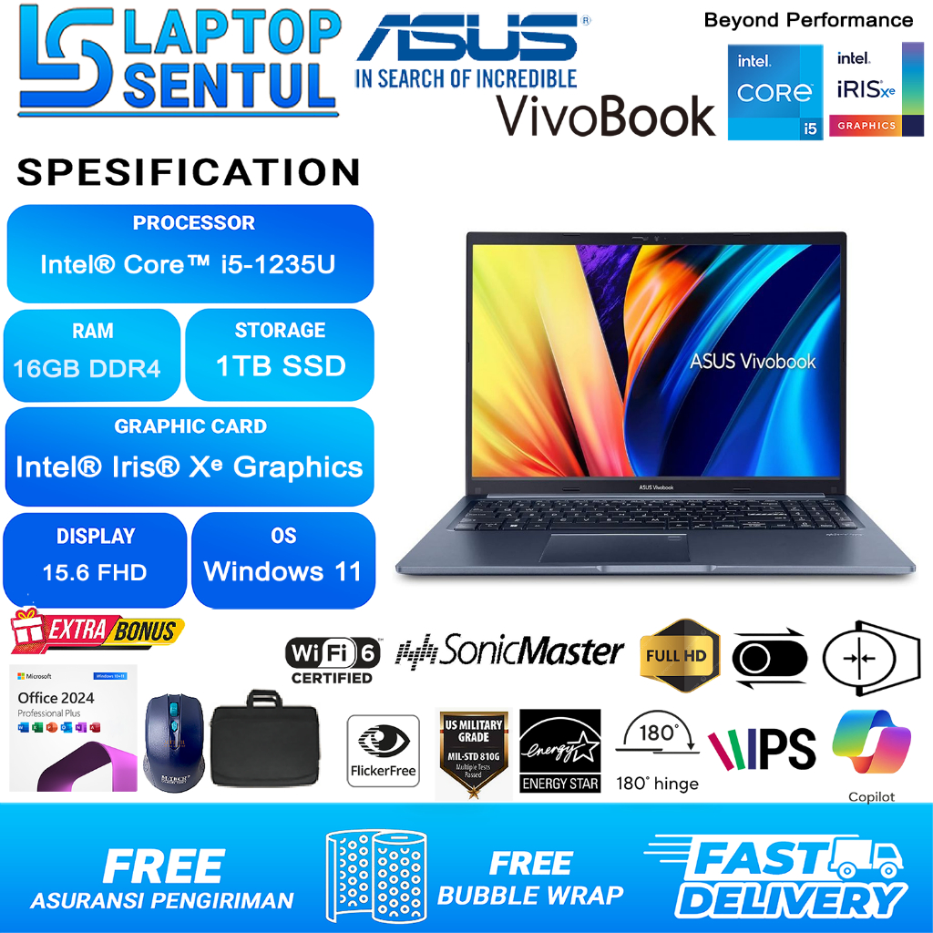 Laptop Asus Vivobook Go 15 Intel Core i5 1235U Ram 16GB 1TB SSD FHD Windows  11 Office 2024 Blue