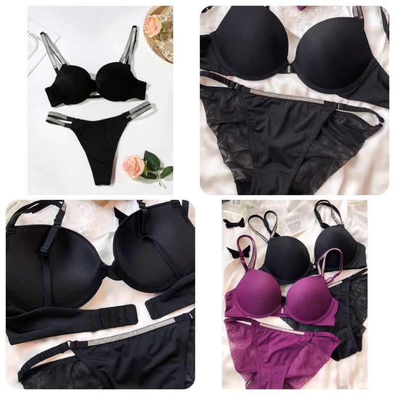 Jual [BRA SET - CUT LABEL] Pi Es 8040 Rhinestone Double Strap Black ...