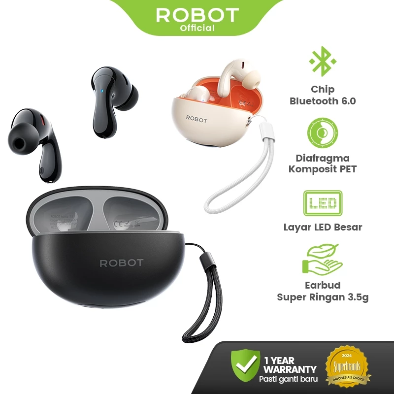 ROBOT Earphone Wireless Bluetooth 6.0 Suara Jernih Powerful Bass Pemakaian 37 Jam dengan Tampilan Daya LED TWS Nova T3