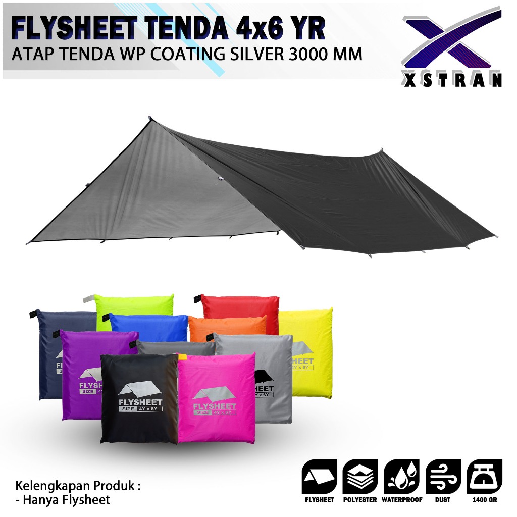 flysheet tenda 4x6 yard flysheet waterproof PU 3000 mm flysheet outdoor size 4 x 6 yard