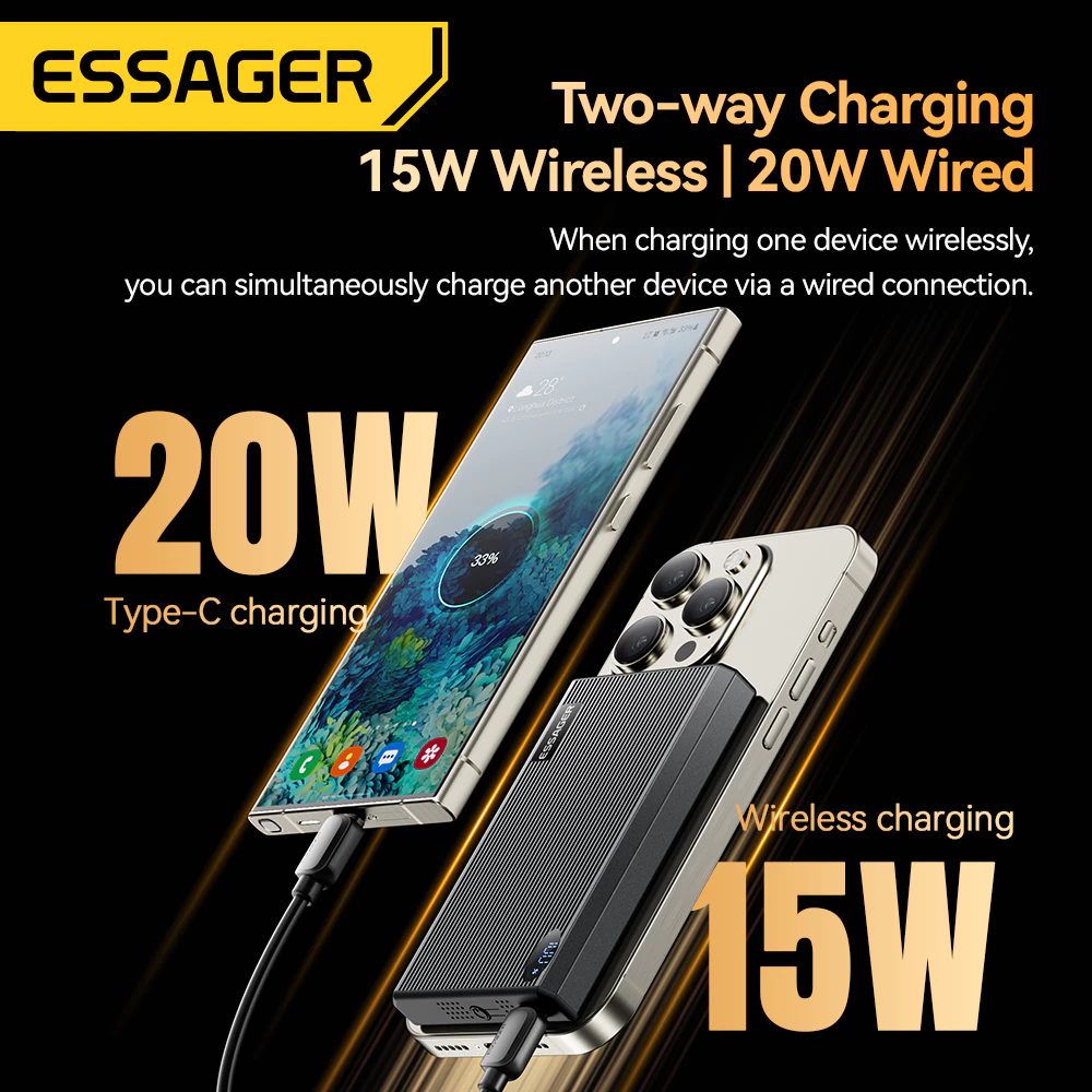 Essager 15W/20W Magnetic Wireless Charging Power Bank 10000Mah Type C Adapter Pengisi Daya Cepat