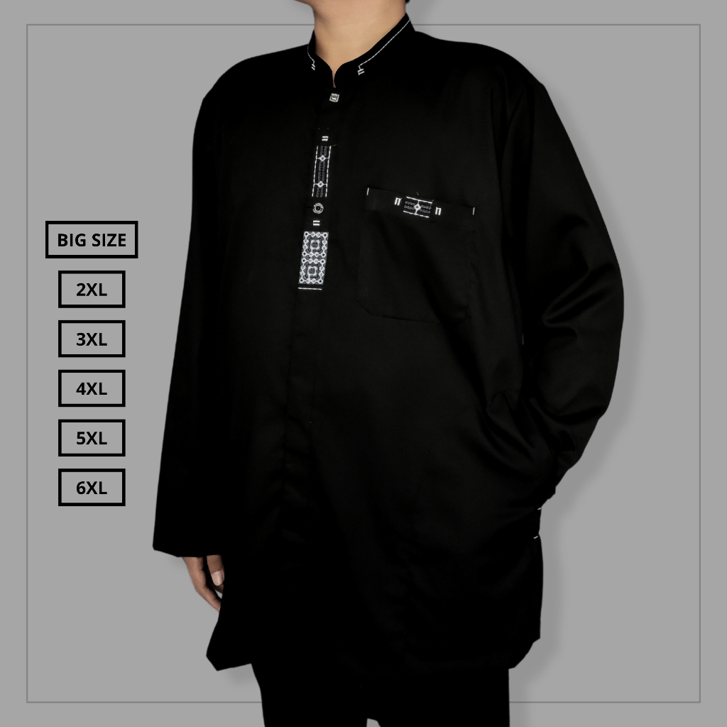 Baju Koko Jumbo Lengan Panjang Atasan Muslim Big Size Hitam Motif Minimalis 2XL-3XL-4XL-5XL-6XL