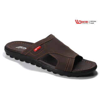 WIBI Smooth Logo S12-01 Sandal Kulit Pria Dewasa Slop Cokelat tua 39 sd 43