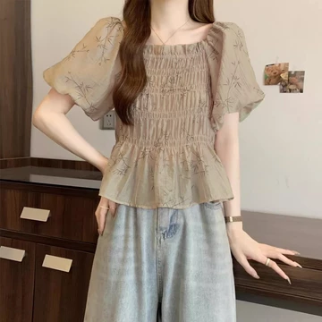 Yikoo Blouse Korea Multi Warna Blus Lengan Pendek Motif Bunga Atasan Wanita