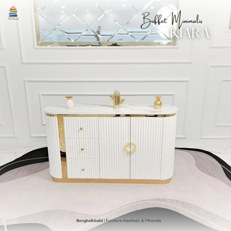 Meja TV Aesthetic Meja Buffet TV Kayu Solid - MEJA KIARA - 140cm Laci Pintu Cat Duco Glossy