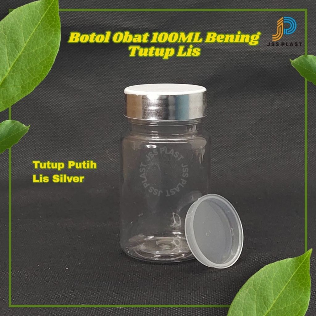 Jual Botol kapsul 100 ml Bening Tutup Putih Lis Silver + Plug Inner ...