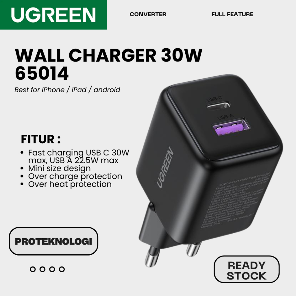 Jual UGREEN 65014 2 Port GaN Fast Charger Kepala Dual Port USB A + Type ...