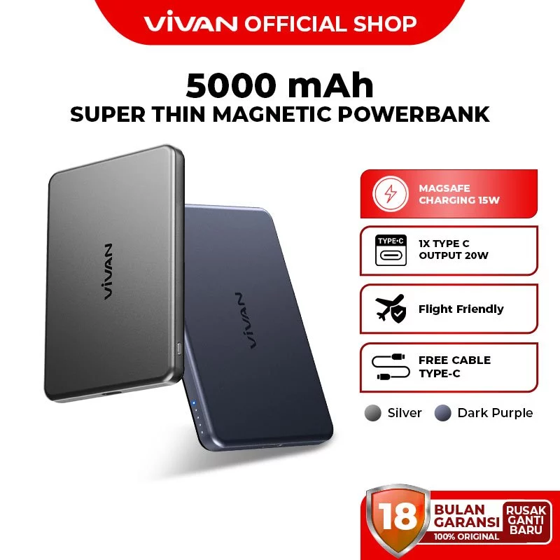 VIVAN Ultra Thin Wireless Powerbank 5.000mAh Magnetik 15W PD 20W VPB-W05 Garansi 18 Bulan