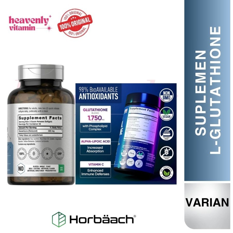 Jual Horbaach Liposomal Glutathione 500mg - 90 Softgels Non-GMO Gluten Free 