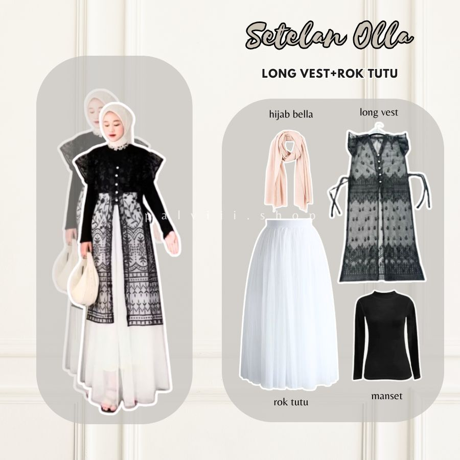 Jual Setelan Olla Long Tunik Brukat Rok Tutu Putih Manset