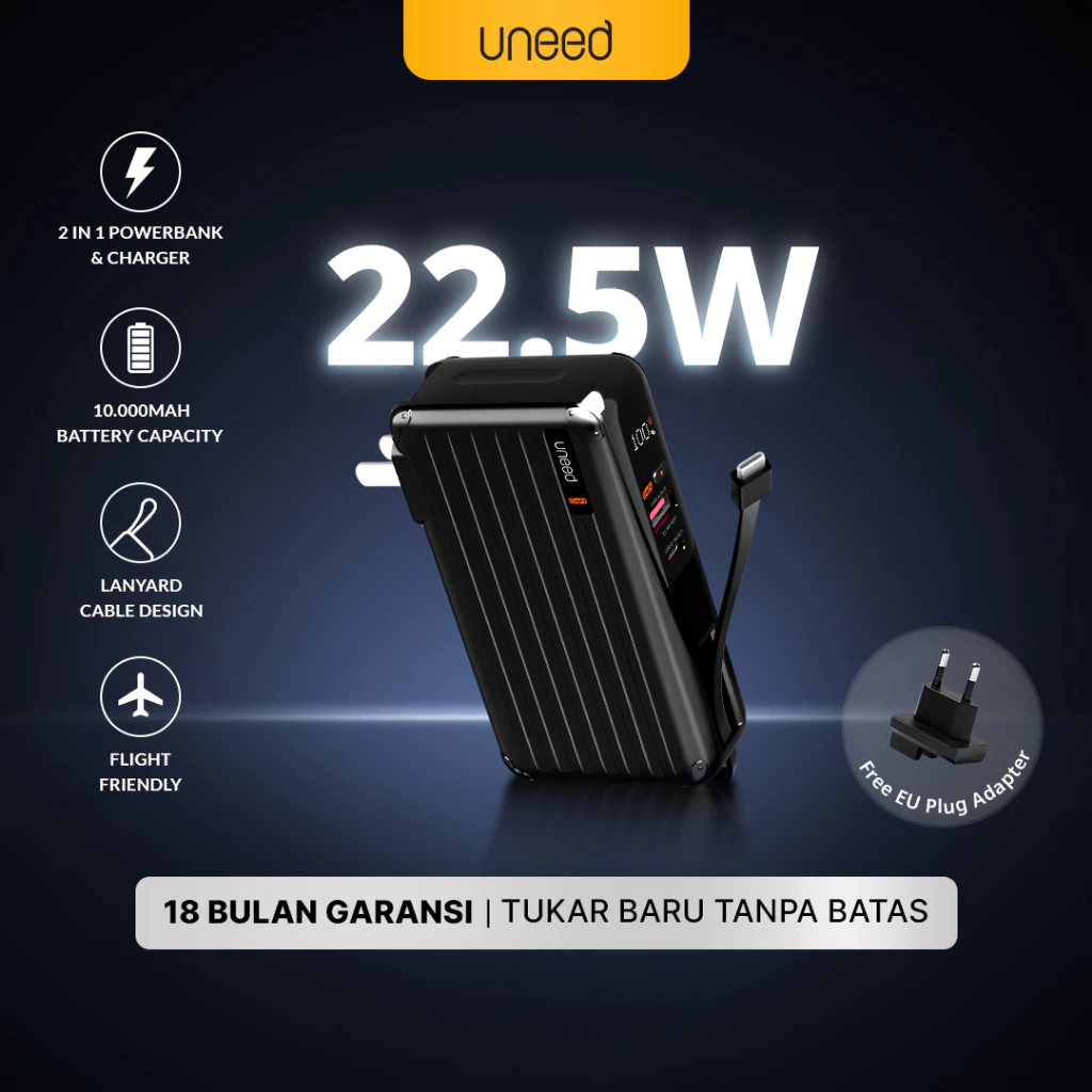 UNEED 2in1 Powerbank & Charger 22.5W 10000 mAh QC PD PPS Fast Charging with Built in Type C Cable - UPB141