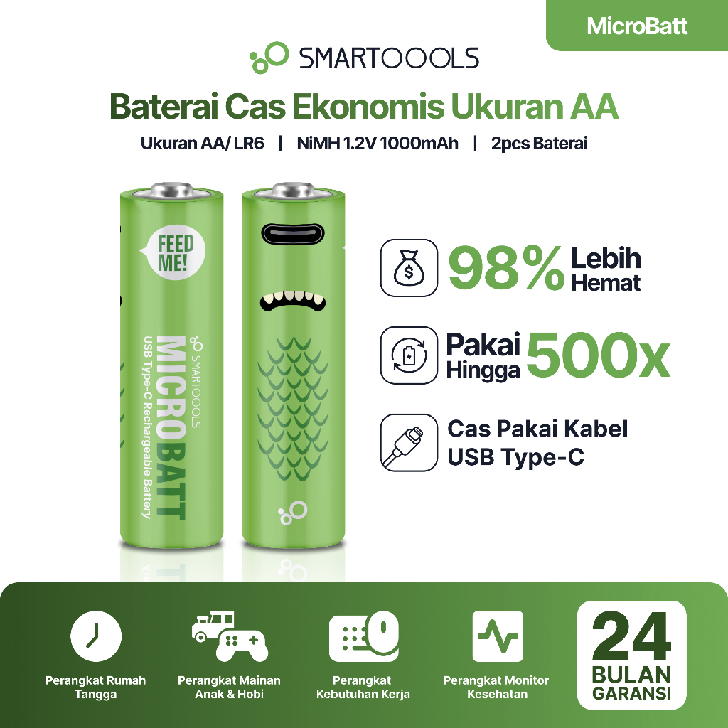 Jual Baterai charger 2pcs Baterai cas Smartoools MicroBatt AA 1.2V ...